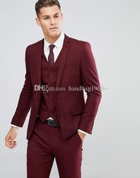 New Design Two Buttons Burgundy Groom Tuxedos Notch Lapel Groomsmen Mens Suits Wedding/Prom/Dinner Blazer (Jacket+Pants+Vest+Tie) K261