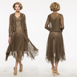 New Modern Off Dresses Chiffon Embroidery Beads Crystal Long Sleeves Knee Length With Jacket Mother Of The Bride Dress