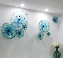 Luxury Murano Flower Glass Plates Wall Arts Blue Color Luxury 100% Hand Blown Glass Hanging Plates Scallop Edges Shape