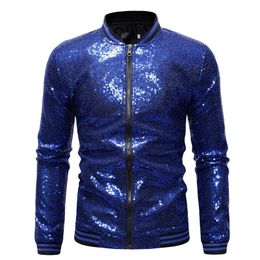 Royal Blue Sequin Nightclub Куртка Мужчины 2019 Осень Новая уличная одежда Мужские блестки Куртки и Пальто бейсбол бомбардировщик Куртка мужской