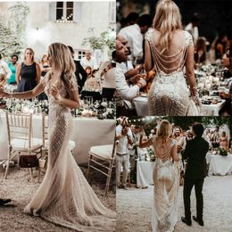 2020 Boho Mermaid Wedding Dresses Plus Size Open Back Sexy vestido de novia Lace Transparent Long Sleeve Country Wedding Gowns