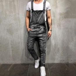 Fashion Men Ripped Jeans Jumpsuits Hi Street Distressed Denim Bib Overalls For Man Suspender Pants Slim Straight Coveralls