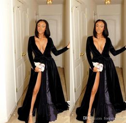2019 Sexy Vintage Long Sleeves Black Prom Dress South African V Neck Split High Formal Holidays Evening Party Gown Custom Made Plus Size