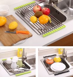 Kitchen Sink Dish Rack Drainer 37 x 23CM Stainless Steel Non-slip Folding Drying Rack Holder For Bowl Fruit Vegetable 12Pcs Pipes