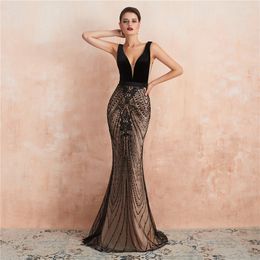 2020 New Sexy Backless Lace Deep V-Neck Mermaid Party Gowns With Plus Size Formal Evening Celebrity Dresses BE83