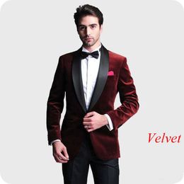 2019 Burgundy Velvet Mens Wedding Suits Bridegroom Tailor Male Blazer Smoking Jacket 2Pieces Slim Fit Formal Groom Tuxedos Evening Dress