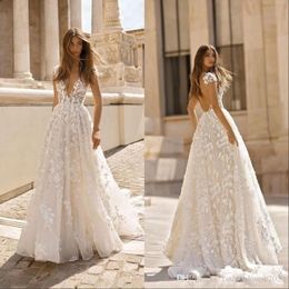 Beach Summer Sexy A Line Wedding Dresses Deep V Neck Backless Lace Appliques Illusion Cap Sleeves Sweep Train Open Back Formal Bridal Gowns ppliques