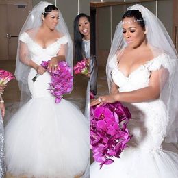 Size Plus Mermaid Dresses Cap Sleeves Lace Applique Custom Made African Wedding Gown Tulle Floor Length Vestido De Novia