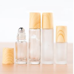 Frosted Clear Glass Roller Bottles with Metal Roller Ball and Wood Grain Plastic Cap for Essential Oil Perfume 5ml 10ml WB1985