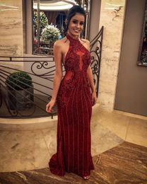 Aso Ebi 2020 Arabic Burgundy Luxurious Sheath Evening Dresses Beaded Lace Prom Dresses Halter Formal Party Second Reception Gowns ZJ225