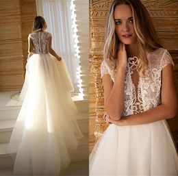 2020 A-line Wedding Dresses Boho Jewel Short Sleeve Lace Appliqued Bridal Gown Tulle Sweep Train Custom Made Beach Robes De Mariée Cheap