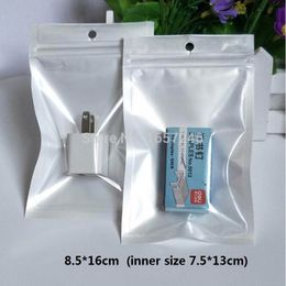 8.5*16cm Clear White Zipper Bag Zip Lock Retail Package Pouch With Hang Hole For Iphone Cable Home Adapter Retail Display