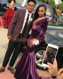 Modern Deep V-Neck Prom Dresses Mermaid Long Sleeve Velvet 2020 Sexy Party Wear African Special Occasion Custom Evening Robe De Soiree Gowns