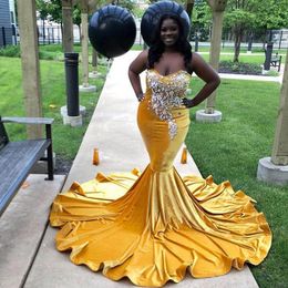 Velvet Mermaid Prom Dresses With Sweetheart Crystals Beads African Evening Dress Sleeveless Court Train Party Vestidos