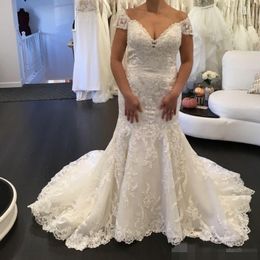 Country Size Plus Mermaid Dresses Capped Sleeves Lace Applique Sweep Train Custom Made Bride Wedding Gowns