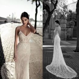 Mermaid Sexy Backless Beach Dresses With Spaghetti Straps Lace Applique Sweep Train Custom Made Wedding Bridal Gowns