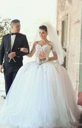 New Sexy Arabic Ball Gown Wedding Dresses Sweetheart Long Sleeves Tulle Lace Applique Beads Puffy Floor Length Plus Size Formal Bridal Gowns 403