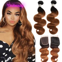 Peruvian Human Hair Cheap Body Wave 1B 30 Ombre Color 2 Bundles With 4X4 Lace Closure With Baby Hair Body Wave 3 Pieces 1b/30