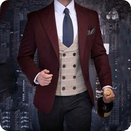 Burgundy 3 Piece Suit Men Wedding Tuxedos Peak Lapel Bridegroom Groomsmen Suits Men Business Party Prom Blazer(Jacket+Pants+ Tie+Vest) 2285