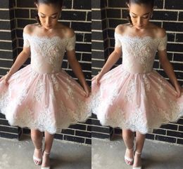 Blush Pink Short Prom Dresses With Sleeves Off The Shoulder Lace Applique Open Back Homecoming Dress Cocktail Party Graduation Dress Cheap