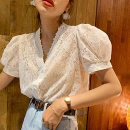 ETOSELL Spring Summer Women Chiffon Blouse Fashion Sweet lace puff sleeve top V-neck short sleeve shirt white Female Shirts