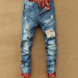 Fashion- Mens Casual Straight Jeans Retro Slim Skinny Jeans Fashion Designer Ripped Men Hip Hop Light Blue Denim Pants