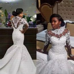 Stunning Saudi Arabic Pearls Crystal Wedding Dresses Plus Size Nigerian Lace Styles High Neck Long Sleeve Applique Beaded Mermaid Bridal