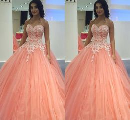 Light Coral Lace Beads Quinceanera Dresses Strapless Corset Back Tulle Draped 2020 Prom Party Dress For Sweet 16 Girls Vestidos De Festia