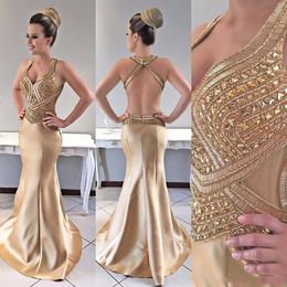 New Plus Size Gold Mermaid Prom Dresses Sweetheart Crystal Beaded Backless Satin Floor Length Sexy Arabic Party Formal Evening Gowns