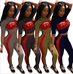 4 color tracksuit Women Short Sleeve Letter Print Plaid Crop Top Bodycon Long Pant Play suit EEA90