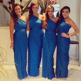cheap one shoulder long dresses UK - New Sexy Pleated Chiffon Royal Blue A Line Bridesmaid Dresses Long Maid Of Honor Dress Wedding Guest Dress One Shoulder Cheap Custom Made