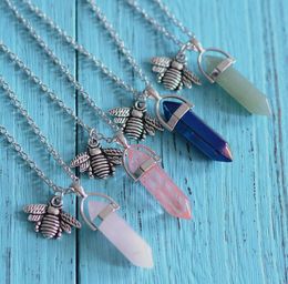silver gemstones UK - Natural Gemstone Pendant Necklace Drusy Crystal Healing Chakra Reiki Silver Stone Hexagonal Little Bee Charm Chain Necklaces For Women