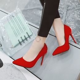 Горячая распродажа - новая сексуальная шпилька каблука замшевая задняя кольца заостренный носок женские насосы 105 мм мода высокие каблуки обувь для женщин офисные одежды