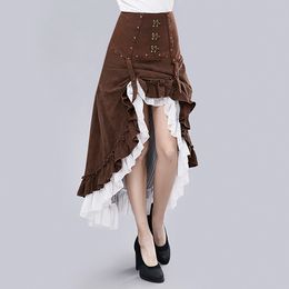 Women Victorian Brown & White Retro Victorian Gothic Vintage Steampunk Leather Adjustable Asymmetrical Ruffle Vintage Hi-lo Skirt Halloween