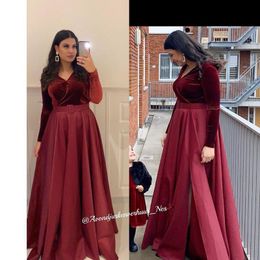 Burgundy Top Velevt Prom Dresses Long Sleeves Formal Evening Party Gowns Custom Made V Neck Black Girl Evening Wear Vestidos