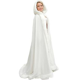 New Elegant White Ivory 2019 Warm Bridal Cape Winter Fur Women Jacket Bridal Cloaks Long Party Wedding Coat With Hat AL04