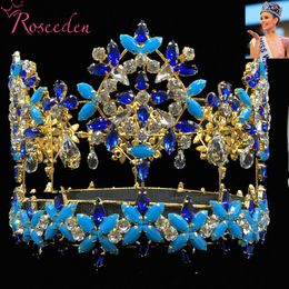 Baroque Full Round Miss World Crown Tiara With Blue Crystal Rhinestones Princess Queen Tiara Re3021 C19022201