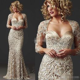 Champagne Lace Mother of Bride Dresses Jacket Long Sleeves Beaded 2020 Plus Size Custom Made Mermaid Sweetheart Neckline Evening Party Gowns