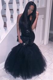 Sparkling Black Girl Mermaid Prom Dresses Dubai AfricanTulle Sequined Floor Length Formal Dresses Evening Wear Vestidos Cocktail Gowns