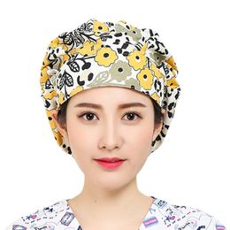 Women Men Floral Print Adjustable Scrub Cap Nurses Kitchen Cotton Bouffant Hat with Sweatband