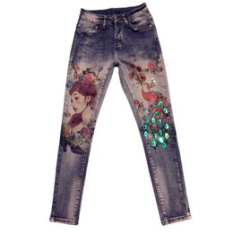 Мода Heavy Craft Блестки женские джинсы Тонкий цветной печати цветов Вышивка Аппликация Denim Длинные брюки Дамы Жан брюки