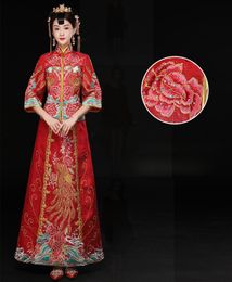 Women embroidered Peacock Cheongsam dress Classic red 3/4 Sleeve ethnic Wedding clothing ancient costume Elegant Evening Qipao