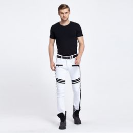 Mens Jeans Fashion Straight Slim Fit Biker Pants Skinny Denim Washed Hiphop Trousers White Asian Size