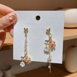 pink flower dangle earrings for women luxury designer bling diamond Peach blossom drop earrings chinese ethnic style heart 925 silver needle