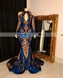 Royal Blue Mermaid Prom Dresses 2020 Modest Sparkly Gold Sequins Applique High Neck Long Sleeve Occasion Evening Wear Dress