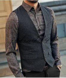 2019 Dark Grey Wool Herringbone Tweed Vests Custom Made Mens Suit Vest Slim Groom Vests Vintage Wedding Vest Plus Size British Wai319Z