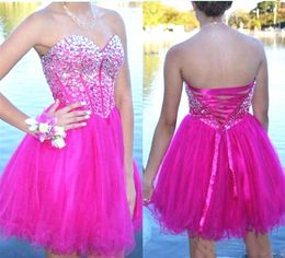 Sparkly Crystals Fuschia Homecoming Dress Sweetheart Lace up Back Tulle Short Prom Dresses Cocktail Party Gowns vestido curto Custom Made