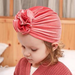 14 Colour New Children's Pullover Hat Baby Autumn Winter Gold Velvet Knitted Fabric Fold Flowers Indian Hat WY278