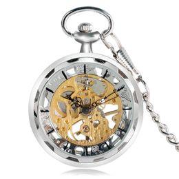 Steampunk Transparent Pocket Watch Hand Wind Mechanical Skeleton Open Face Watches FOB Pendant Chain Reloj de bolsillo