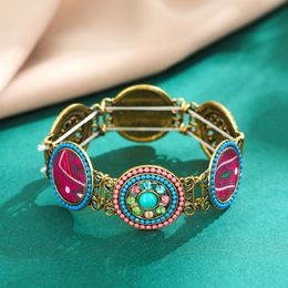 Vintage Round Style with Colourful Rhinestone Elastic Band Bracelet Hollow Acrylic Bangle for Women Men Jewellery